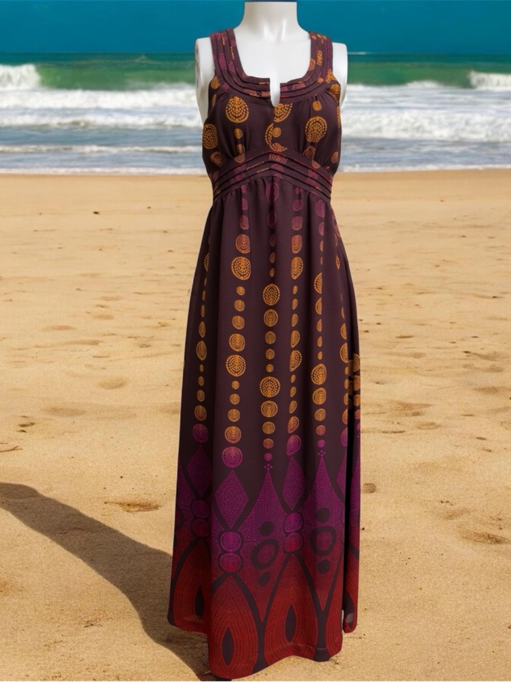 DKNY Sleeveless Printed Maxi Dress in Brown, Maroon and Gold